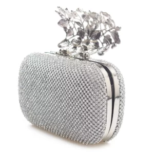Silver Unique Clasp Bling Diamante Crystal Diamond Evening bag Clutch Purse Party Prom